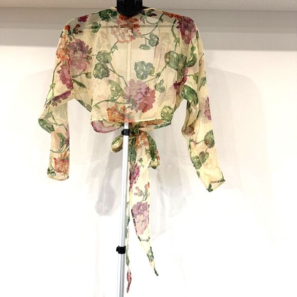 Vintage 1980s Betsey Johnson Sheer Floral Tie Front Blouse Shrug Size Small - Picture 5 of 9